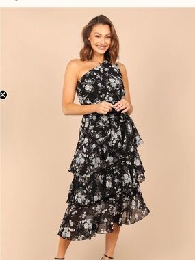Petal & Pup One-Shoulder Black Floral Tiered Midi Dress - worn once